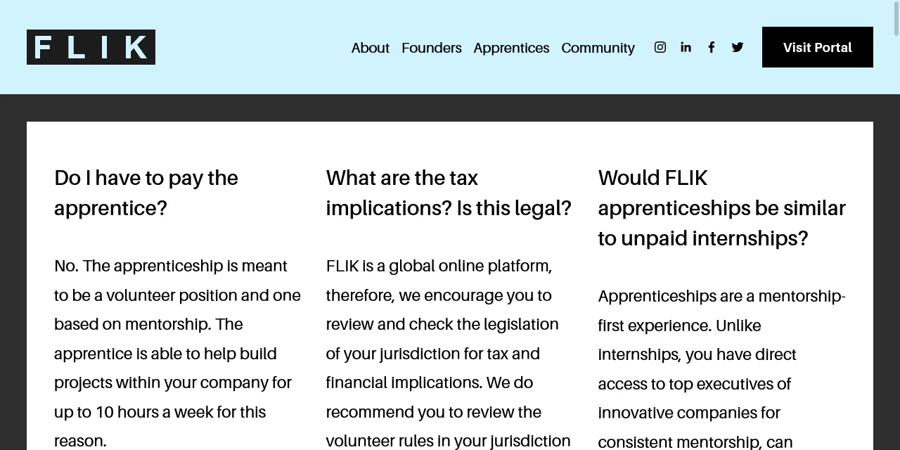 FLIK FAQ screenshot, showing questions "Do I have to pay the apprentice?", "What are the tax implications? Is this legal?", and "Would FLIK apprenticeships be similar to unpaid internships?"