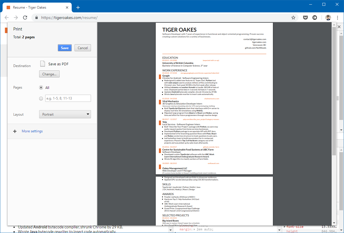 Chrome print preview showing a broken resume layout
