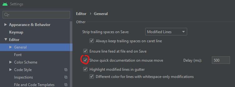 Android Studio 4.0 settings with Show quick documentation on mouse move highlighted