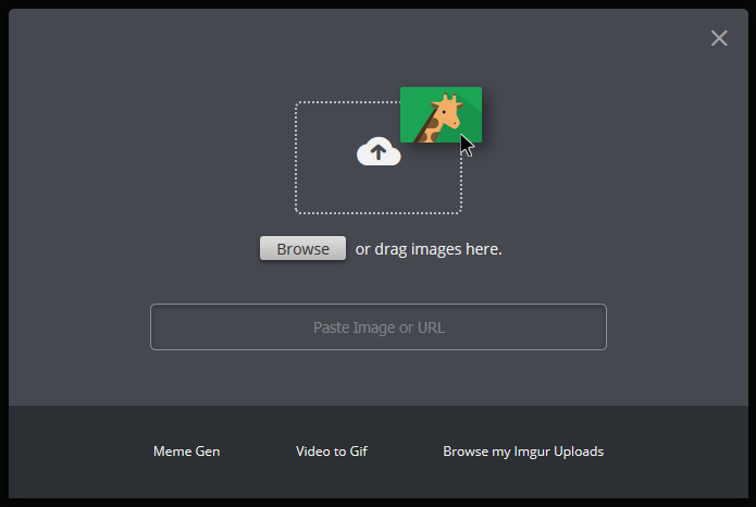 Imgur upload page with Browse button and input to paste URL
